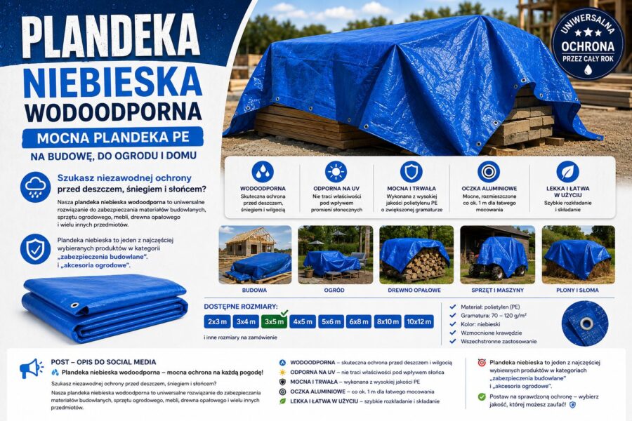 Plandeka 3x5 Niebieska PLANDEKA 3x5m NIEBIESKA- MOCNA OCHRONA NA KAŻDĄ POGODĘ