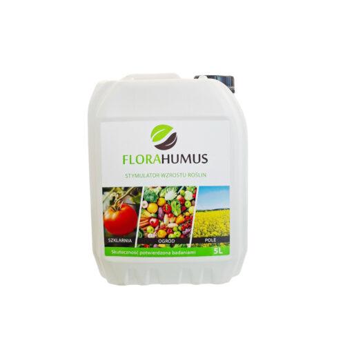 Florahumus Liquid – butelka naturalnych kwasów humusowych na tle roślin