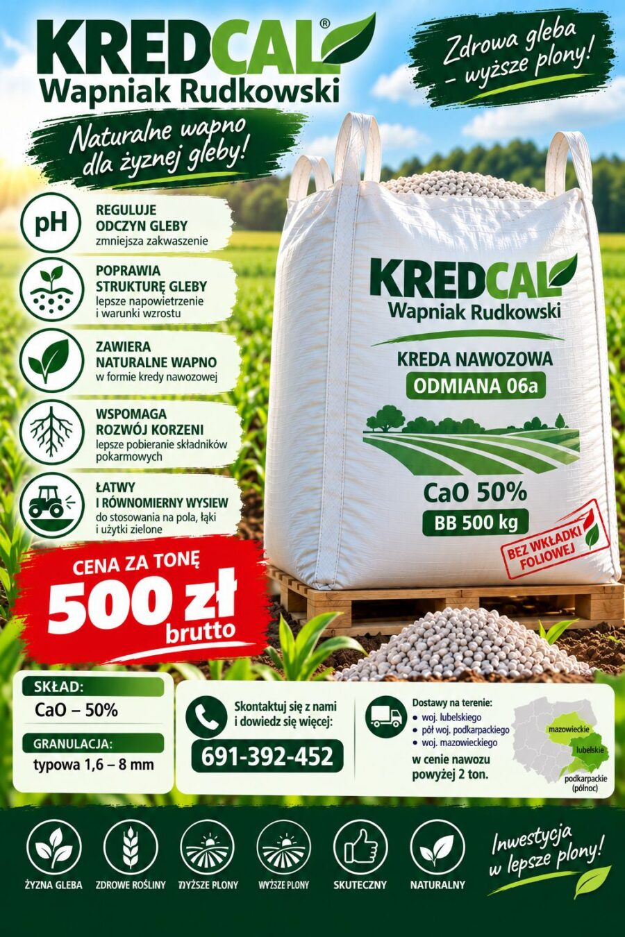 Kredkal 500kg KREDCAL Wapniak Rudkowski - kreda nawozowa BB500kg
