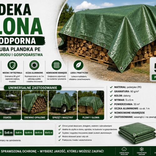 PLANDEKA 5X6m 90g/m2 (Zielona,gruba,wytrzymała)