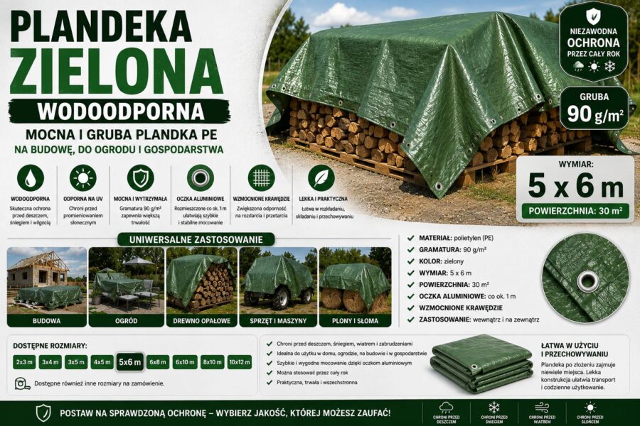 PLANDEKA 5X6m 90g/m2 (Zielona,gruba,wytrzymała)
